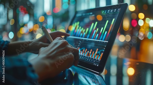 The tablet screen displays financial statistics being analyzed by a businessperson