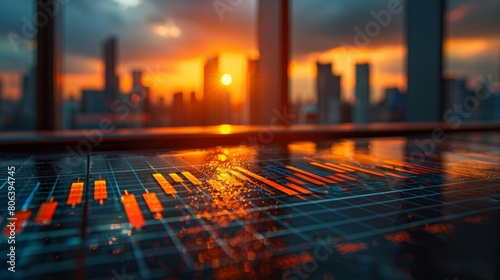 Icons of financial charts and graphs over a blurred business center background. Concept of investing and trading.