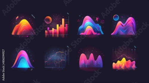 Growing bar graph icons. Business graphs and charts icons. Data and statistics modern icon. Statistics and data, charts diagrams, money, down or up arrow. Modern illustration.