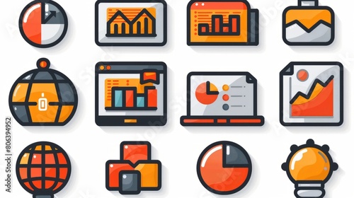 A set of data statistics line icons. A set of quality line icons.