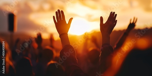 a crowd of people raising their hands up in the air with the sun setting