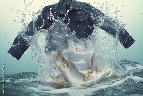 A dirty piece of clothing in the water with oil stains and grime attached, surrounded by rising foam.