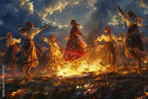 Great bonfire. Ivana kupala illustration. Ivana Kupala night meadow celebration. Night meadow celebration. Summer Solstice Day illustration. Saint Johns Day illustration