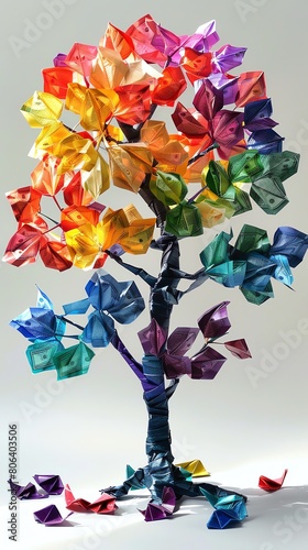 A rainbow money tree made of 1000 origami leaves in various denominations