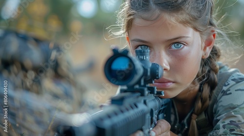 Young Girl Holding Rifle and Aiming
