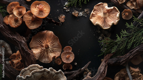 A collection of mushrooms and other fungi on a dark background