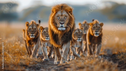 Group of Lions Walking Across Muddy Field