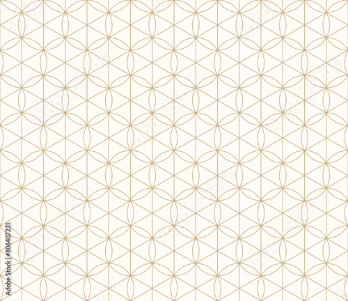 Modern minimal vector geometric seamless pattern with thin lines, hexagons, triangles, circles, grid. White and gold abstract background. Simple golden luxury linear texture. Repeated geo design