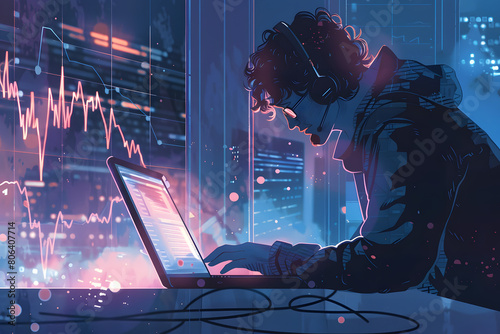 Entrepreneurial Spirit: Capture a determined faceless individual working late into the night on their laptop, surrounded by charts and graphs, showcasing dedication and ambition.