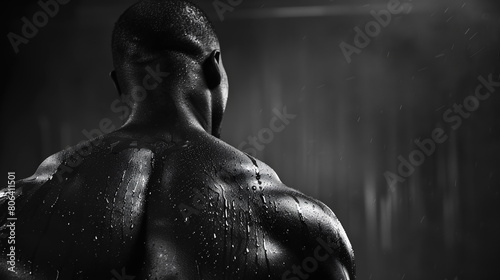 A toned man stands with his back to the camera, water droplets cascading down his muscular frame, highlighted against a dark background - Generative AI