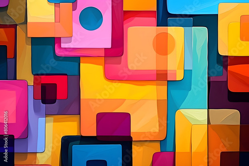 A background of bright, abstract color blocks with sharp divisions and an eclectic mix of shapes, creating a bold and eye-catchi Generative AI,
