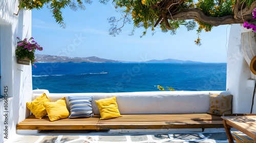 Benches with pillows in a typical greek outdoor cafe in Mykonos with amazing sea view on Cyclades islands