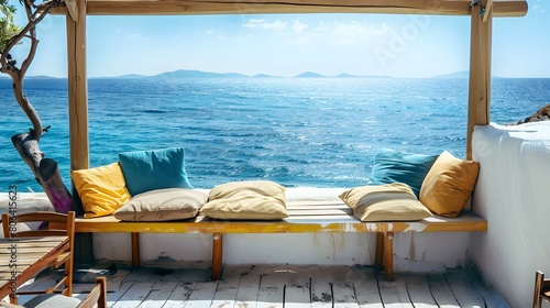 Benches with pillows in a typical greek outdoor cafe in Mykonos with amazing sea view on Cyclades islands