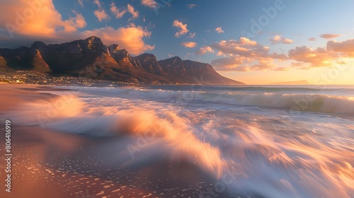 Cape Town Sunset over Camps Bay Beach with Table Mountain and Twelve Apostles in the Background 
