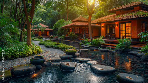 A beautiful resort with a traditional Asian design, surrounded by lush greenery and a tranquil river. The perfect place to relax and rejuvenate.