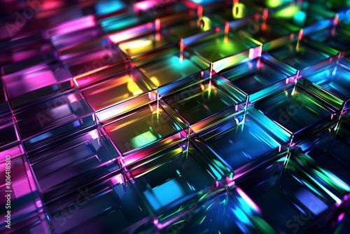 Abstract 3d background with glass squares with colorful light emitter iridescent neon holographic gradient. Design visual element for banner header poster or cover.