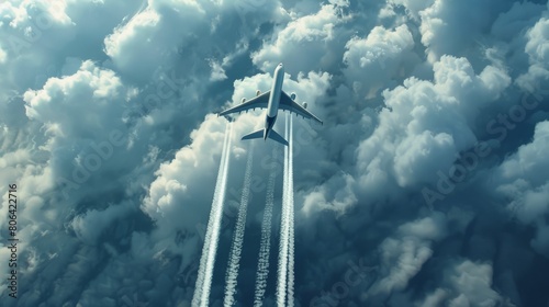 View of an airplane flying in the sky with smoke trails behind it, concept for travel and flight, wide angle lens realistic photo.