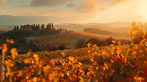 Beautiful panoramic sunset landscape overlooking vineyards and green hills