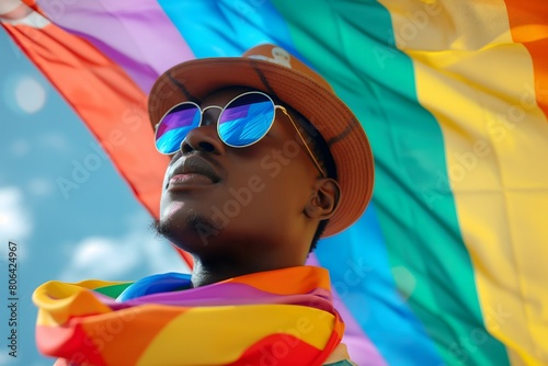 Man in sunglasses and a fashionable hat, draped in a vibrant pride flag, exuding confidence and style