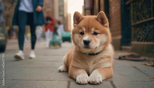 Lost dog waiting for its owner on a city street, sad Akita Inu puppy
