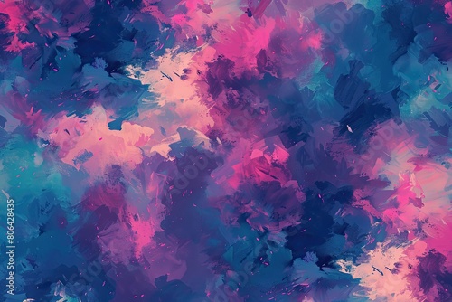 A colorful painting with a blue and pink background. The painting is full of different colors and brush strokes, giving it a vibrant and energetic feel