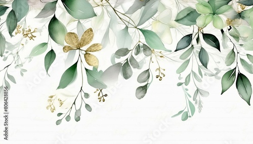 watercolor botanic, Leaf and buds. Seamless herbal composition for wedding or greeting card. Spring Border with leaves eucalyptus, love art