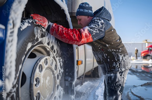 A man diligently hand-washes a car covered in suds