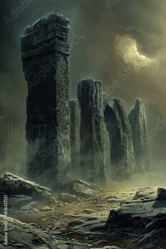 A mysterious and atmospheric portrayal of Stonehenges standing stones in wood