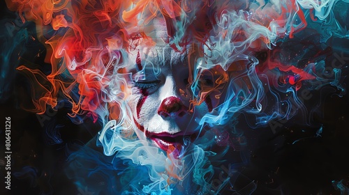 Craft a unique depiction of a clown seen from above, enveloped in a kaleidoscope of colors and smoke against a stark black backdrop using a mix of traditional acrylic techniques and glitch art element
