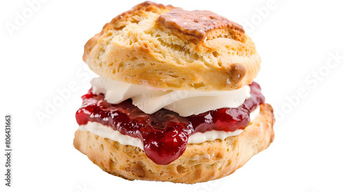 Scone with strawberry jam and fresh cream, isolated on white background