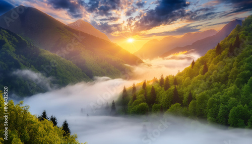 A serene sunrise over misty mountains with lush greenery