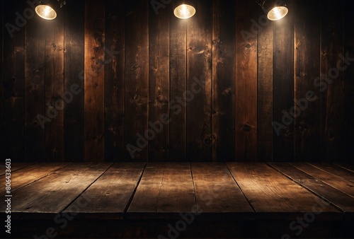 Old dark boards wall and table with bright empty space. Vintage wooden background and showroom spotlights. smoky