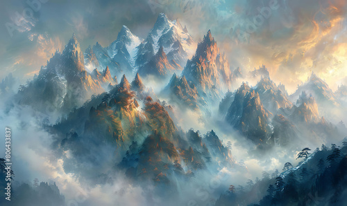 Majestic mountains shrouded in mist, their peaks piercing through the clouds
