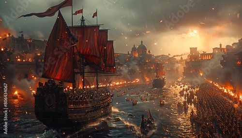 Immerse viewers in a CG 3D rendering of the Battle of Troy through a worms-eye view, capturing the grandeur and chaos in vivid detail