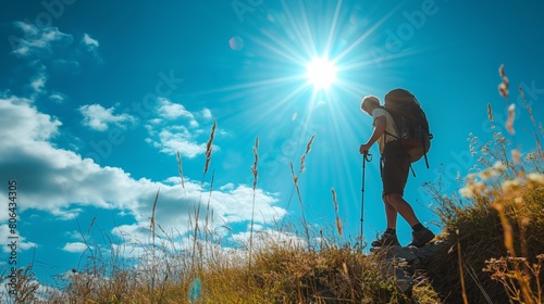 Hiker posing against a bright blue sky in the great outdoors