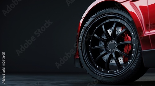 Car wheel Disk with tyre and brakes isolated on black background