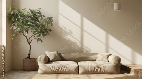 Modern Minimalist Living Room with Beige Sofa and Fig Plant - Cozy Home Interior Design