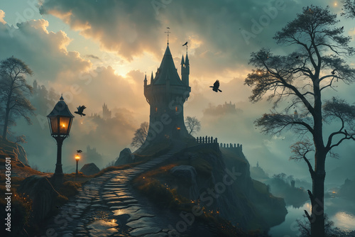 ethereal fantasy concept art of , medieval lighted lookout tower in fantasy style on a hill next to a small river, dark clouds, dense fog, evening atmosphere