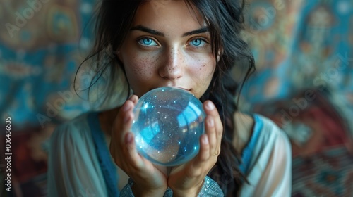 Mystic Astrologer Holding Celestial Sphere: Young Woman with Planet Symbolizes Astrology and Mysticism