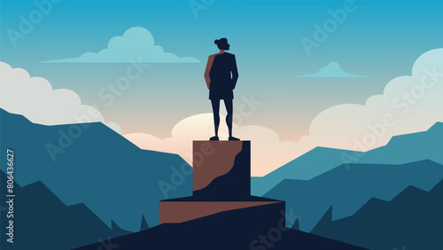 A silhouette of a person standing on a pedestal looking upwards towards the sky as they sculpt their own destiny.. Vector illustration