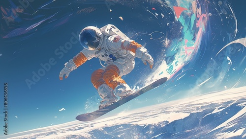 Astronaut snowboarding in the air, dark blue background and dust particles flying around.