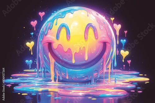 Smiling face melting with colorful, dripping paint on dark background. The happy emoji has its tongue out and is winking eye