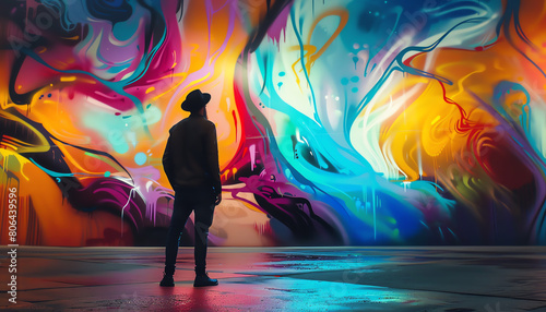 Capture a vibrant graffiti mural unfolding seamlessly into an otherworldly VR landscape, blending urban grit with digital innovation