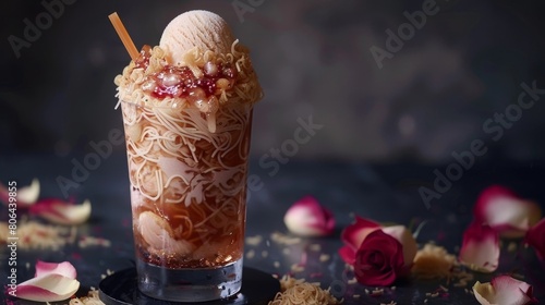 Refreshing Falooda Ice Cream Sundae with Vermicelli and Rose Syrup in a Photographic Style