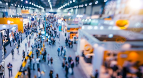 Exhibition expo event trade fair hall with busy bustling people walking to conferences in a modern hall crowded business people with a bokeh effect. Generative AI