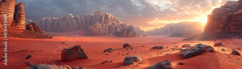 Transport yourself to a desert scene complete with rocks, sand, and towering mountains