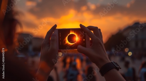 Capturing the Eclipse: Close-up of Hands Using Smartphone Camera