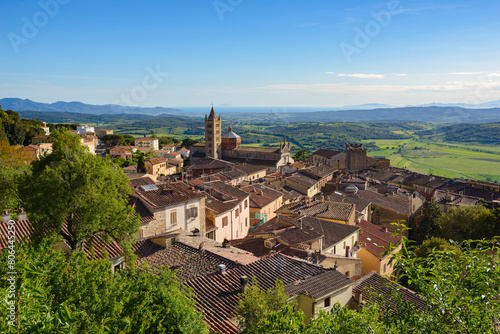 Bird's-eye view of the city of Massa Marittima with the cathedral of San Cerbone, Grosseto, Tuscany, Italy