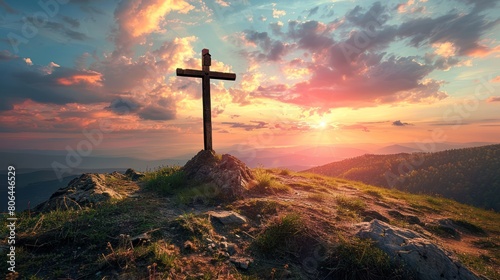 Rugged Wooden Cross at Sunset - Symbol of Christianity and Resurrection of Jesus Christ with Beautiful Cloudy Sky Background