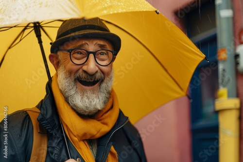 60 year old man with a yellow umbrella. Mann have a fun with rain